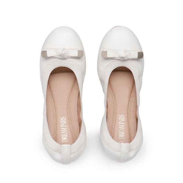 Foldable Bowknot Round Toe Ballet Flats - WHITE-PU - 3